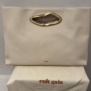 cult gaia Ivory Leather Tote with Sculpted Gold Handle